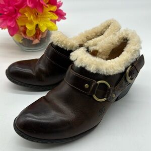 Born Brown Leather Heeled Slip On Clogs with Fur Lining Size 7.5 CM6532C